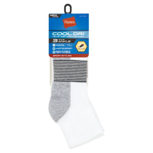 Hanes Cool Dri Men's Sport Styling Ankle Heel & Toe Cushioning Socks, Shoe Size 6-12, 3 pair 