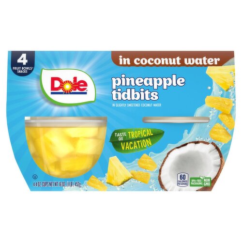 Dole Pineapple Tidbits in Coconut Water, 4 oz, 4 count