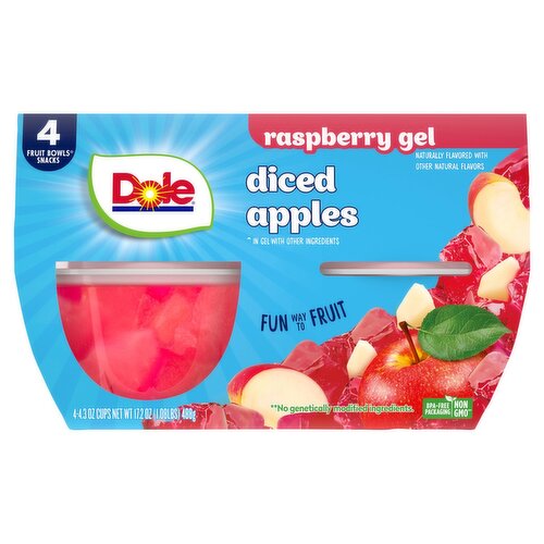 Dole Raspberry Gel Diced Apples Fruit Bowls Snacks, 4.3 oz, 4 count