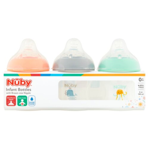 Nûby Infant Bottles with Breast-Size Nipple, 0+ m, 3 count