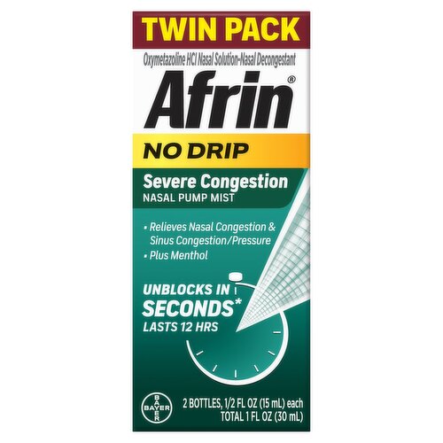 Afrin No Drip Severe Congestion Nasal Pump Mist Twin Pack, 1/2 fl oz, 2 count