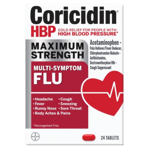 Coricidin HBP Maximum Strength Multi-Symptom Flu Tablets, 24 count