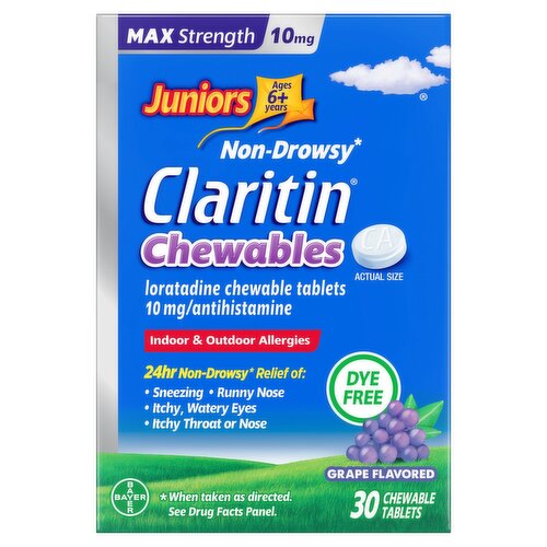 Claritin Grape Flavored Loratadine Chewable Antihistamine Tablets, 10 mg, Ages 6+ years, 30 Count