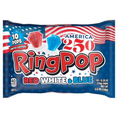 Ring Pop Red White & Blue Pops Limited Edition, Ages 4+, 0.35 oz, 10 count