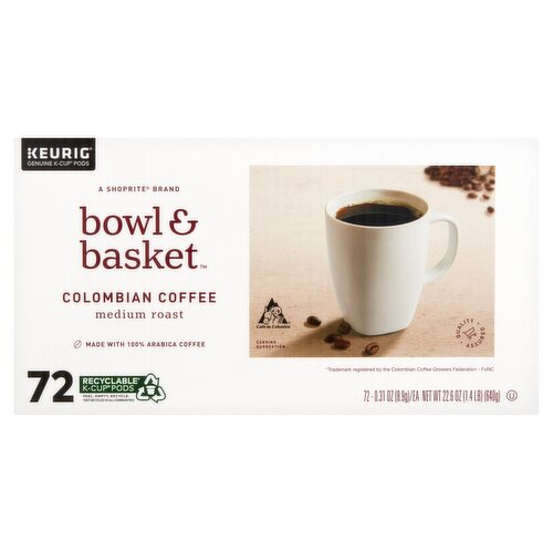Bowl & Basket Medium Roast Colombian Coffee K-Cup Pods Value Size, 0.31 oz, 72 count