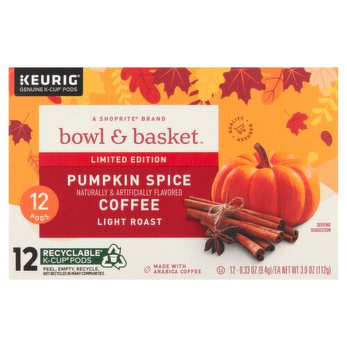 Bowl & Basket Light Roast Pumpkin Spice Coffee K-Cup Pods Limited Edition, 0.33 oz, 12 count