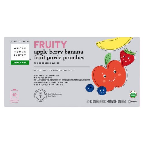 Wholesome Pantry Organic Fruity Apple Berry Banana Fruit Purée Pouches, 3.2 oz, 12 count