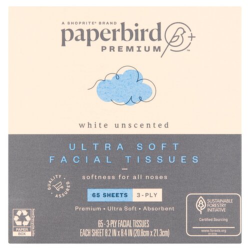 Paperbird Premium White Unscented Ultra Soft Facial Tissues, 65 3-ply tissues per box