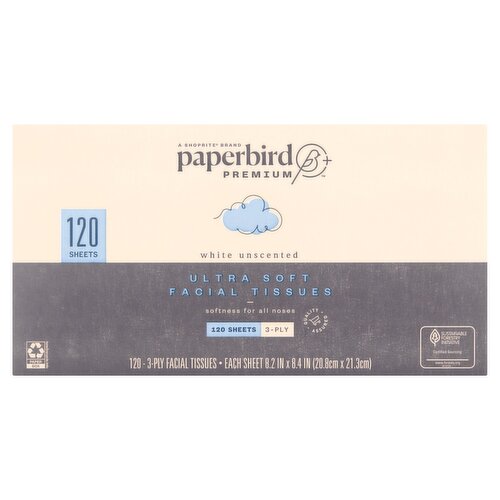 Paperbird Premium White Unscented Ultra Soft Facial Tissues, 120 3-ply tissues per box