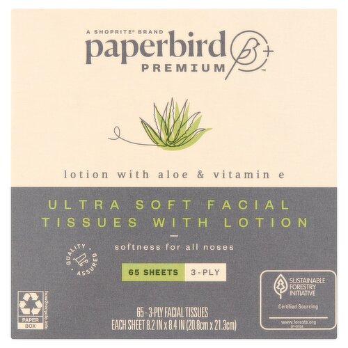 Paperbird Premium Ultra Soft Facial Tissues with Lotion, 65 3-ply tissues per box