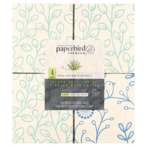 Paperbird Premium Ultra Soft Facial Tissues with Lotion, 65 3-ply tissues per box, 4 count