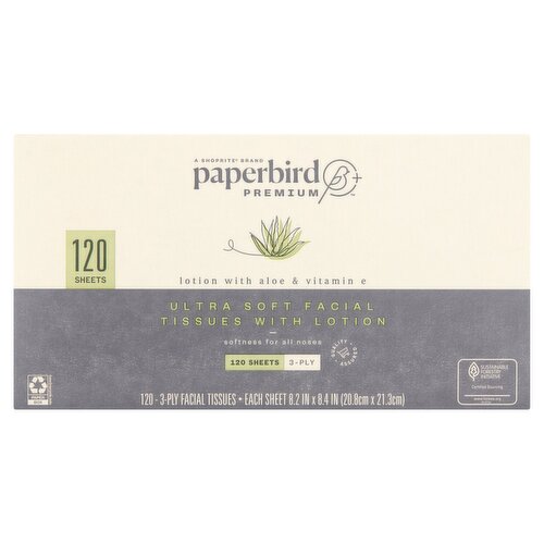 Paperbird Premium Ultra Soft Facial Tissues with Lotion, 120 3-ply tissues per box