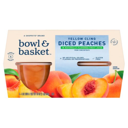 Bowl & Basket Yellow Cling Diced Peaches, in Naturally Flavored Fruit Juice, 4 oz, 4 count