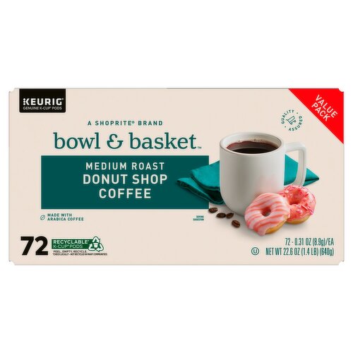 Bowl & Basket Medium Roast Donut Shop Coffee K-Cup Pods Value Size, 0.31 oz, 72 count