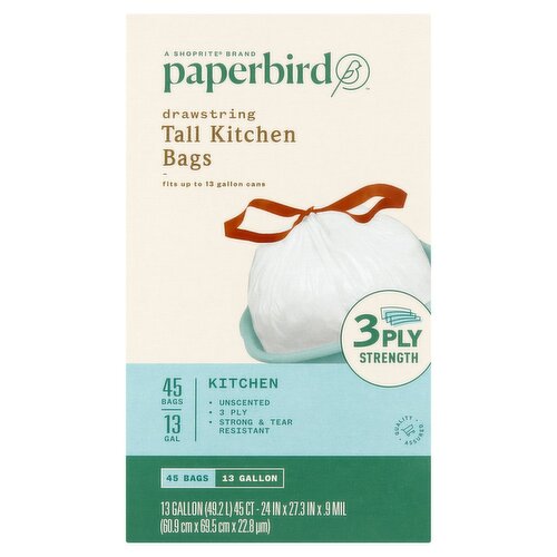 Paperbird 13 Gallon Drawstring Tall Kitchen Bags, 45 count