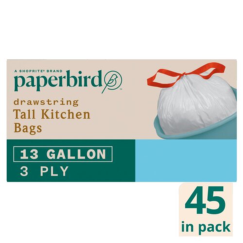 Paperbird 13 Gallon Drawstring Tall Kitchen Bags, 45 count