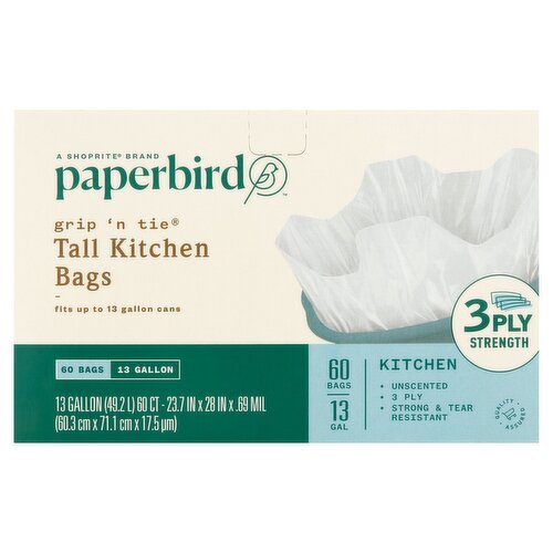 Paperbird Grip 'N Tie 13 Gallon Tall Kitchen Bags, 60 count