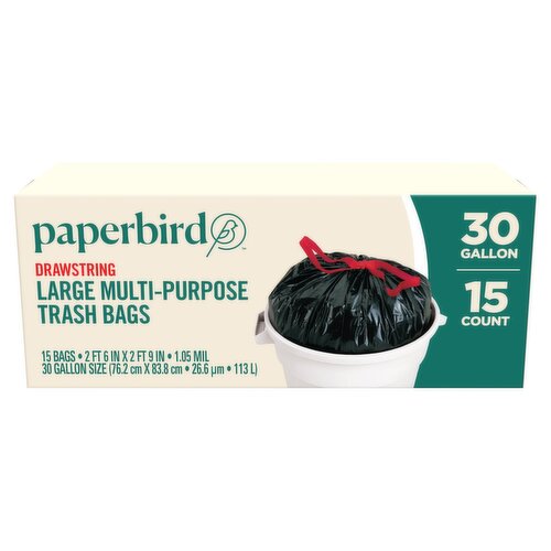 Paperbird Drawstring Large Multi-Purpose Trash Bags, Size 30 gallon, 15 count