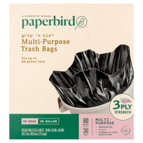 Paperbird Grip 'N Tie 30 Gallon Multi-Purpose Trash Bags, 80 count