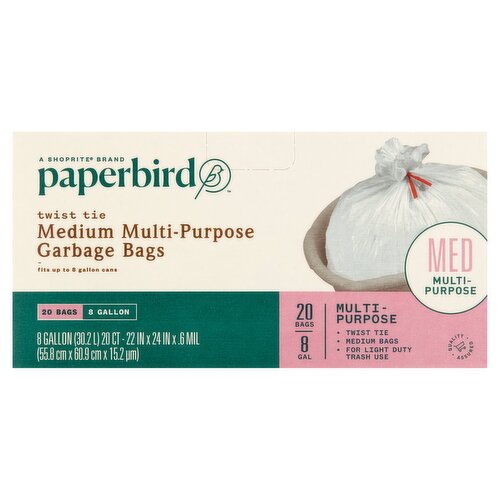 Paperbird 8 Gallon Twist Tie Medium Multi-Purpose Garbage Bags, 20 count