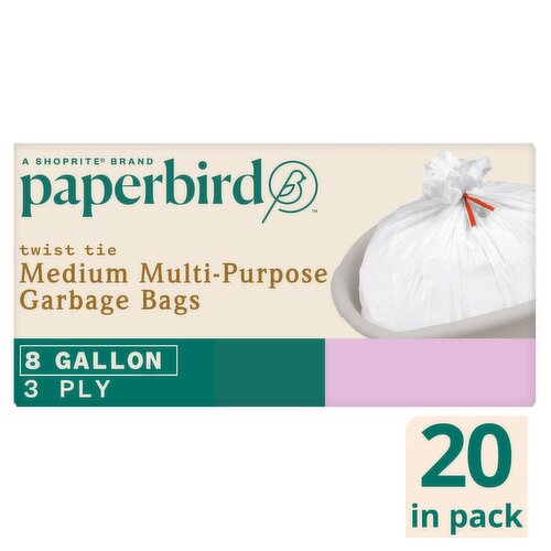 Paperbird 8 Gallon Twist Tie Medium Multi-Purpose Garbage Bags, 20 count