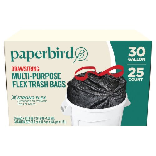 Paperbird Drawstring Multi-Purpose Flex Trash Bags, Size 30 gallon, 25 count