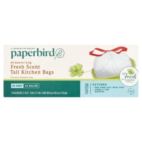 Paperbird 13 Gallon Fresh Scent Tall Kitchen Drawstring Bags, 20 count