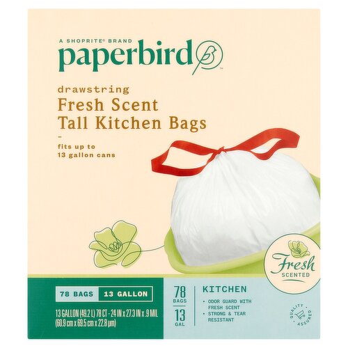 Paperbird 13 Gallon Drawstring Fresh Scent Tall Kitchen Bags, 78 count