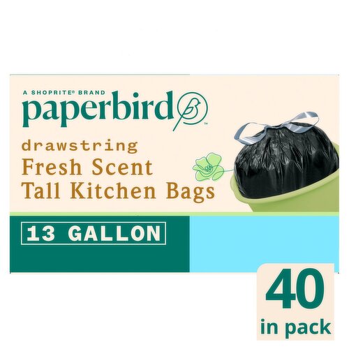 Paperbird 13 Gallon Drawstring Fresh Scent Tall Kitchen Bags, 40 count