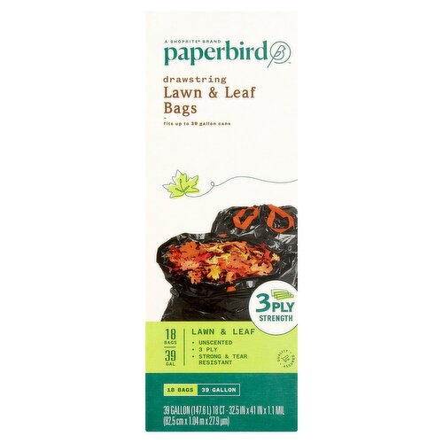 Paperbird 39 Gallon Lawn & Leaf Drawstring Bags, 18 count