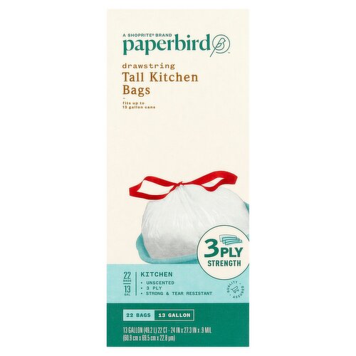 Paperbird 13 Gallon Tall Kitchen Drawstring Bags, 22 count