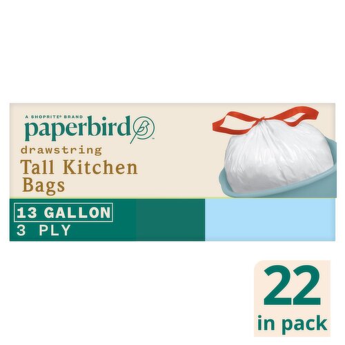 Paperbird 13 Gallon Tall Kitchen Drawstring Bags, 22 count