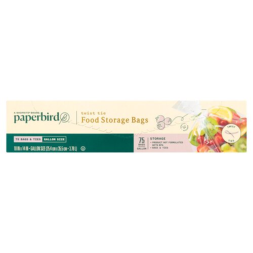 Paperbird Gallon Size Twist Tie Food Storage Bags, 75 count