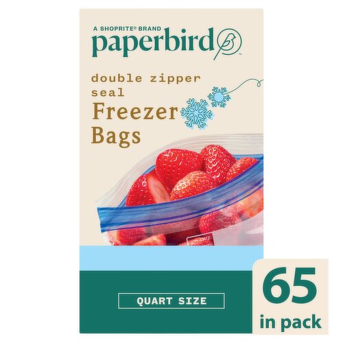 Paperbird Quart Size Double Zipper Seal Freezer Bags, 65 count