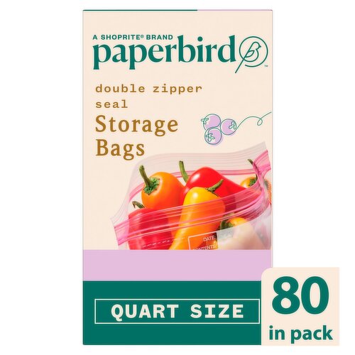 Paperbird Quart Size Double Zipper Seal Storage Bags, 80 count