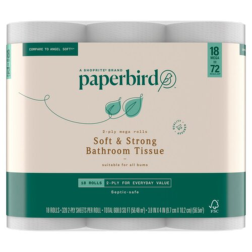 Paperbird Soft & Strong Bathroom Tissue, 320 2-ply sheets per roll, 18 count