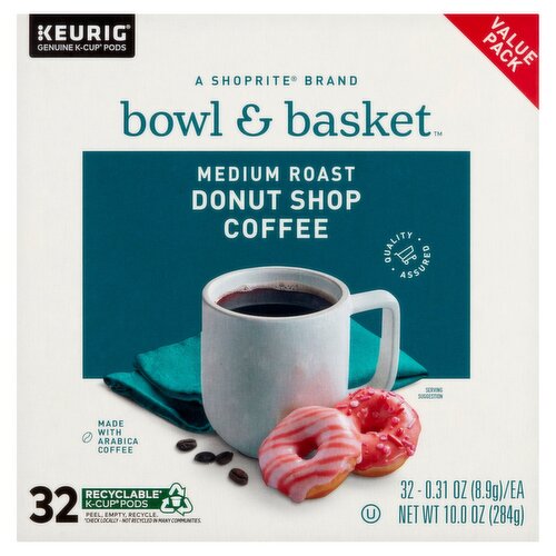 Bowl & Basket Medium Roast Donut Shop Coffee K-Cup Pods Value Pack, 0.31 oz, 32 count