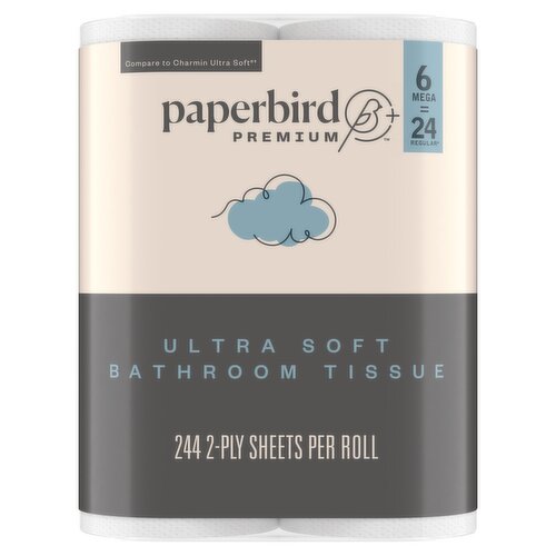 Paperbird Premium Mega Roll Ultra Soft Bathroom Tissue, 244 2-ply sheets per roll, 6 count