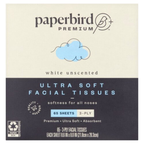 Paperbird Premium White Unscented Ultra Soft Facial Tissues, 3-ply, 65 count