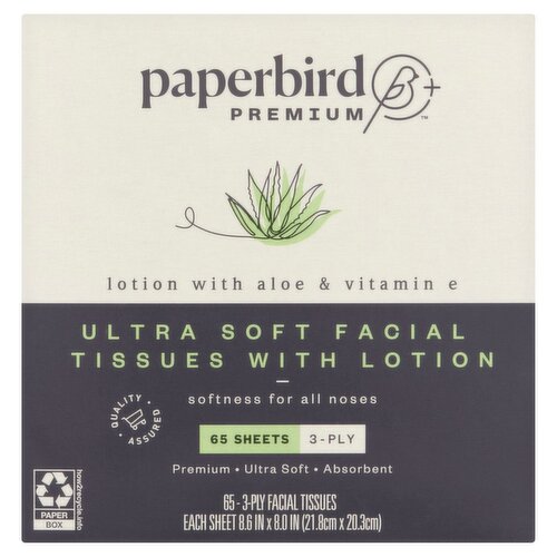 Paperbird Premium Ultra Soft Facial Tissues with Lotion, 3-ply, 65 count