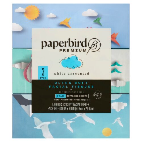 Paperbird Premium White Unscented Ultra Soft Facial Tissues, 3-ply, 360 count