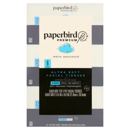 Paperbird Premium White Unscented Ultra Soft Facial Tissues, 3-ply, 720 count