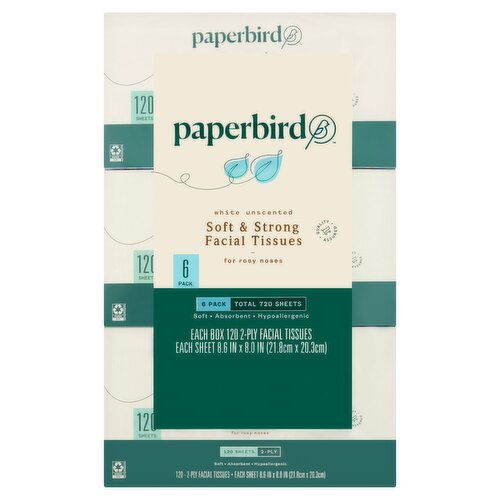 Paperbird White Unscented Soft & Strong Facial Tissues, 2-ply, 720 count