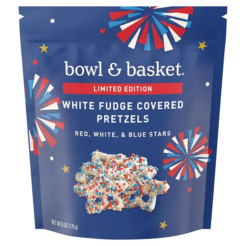 Bowl & Basket Red, White, & Blue Stars White Fudge Covered Pretzels Limited Edition, 6 oz