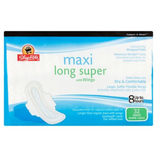 ShopRite Maxi Long Super with Wings Individually Wrapped Pads, 32 count