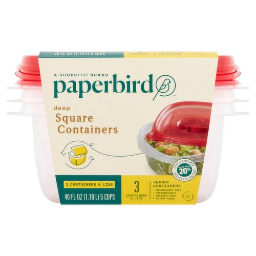 Paperbird Deep Square 40 Fl Oz Containers & Lids, 3 count