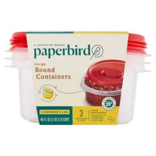 Paperbird Large Round Containers & Lids 48 Fl Oz, 3 count