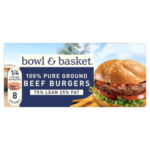 Bowl & Basket 75% Lean 25% Fat Beef Burgers, 8 count, 32 oz