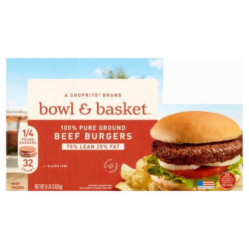 Bowl & Basket 75% Lean 25% Fat Beef Burgers, 1/4 pound, 32 count