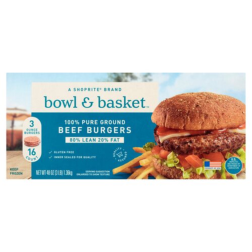 Bowl & Basket 100% Pure Ground Beef Burgers, 3 oz, 16 count